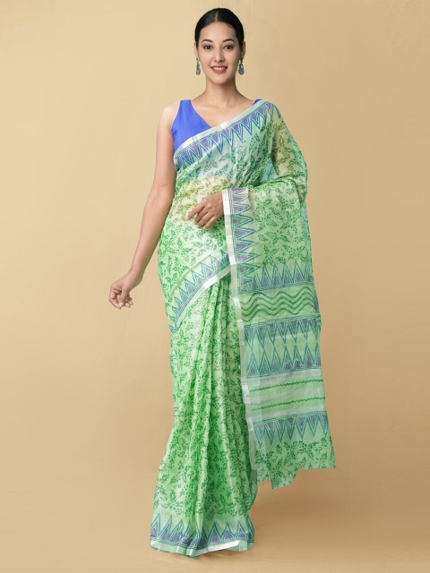 

Unnati Silks Green & Purple Ethnic Motifs Zari Supernet Block Print Saree