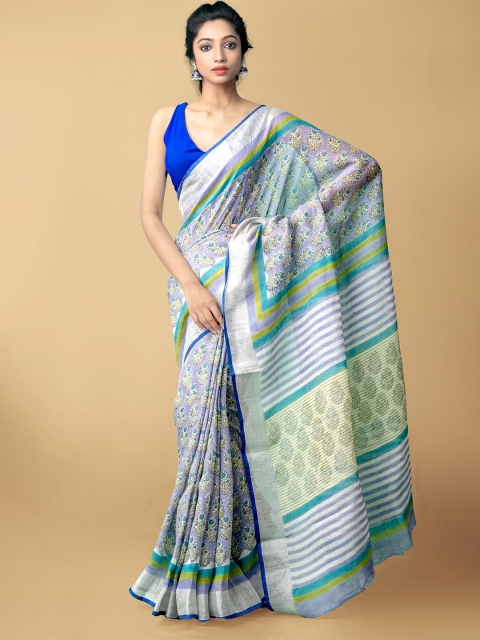 

Unnati Silks Blue & Green Ethnic Motifs Zari Pure Linen Jamdani Saree