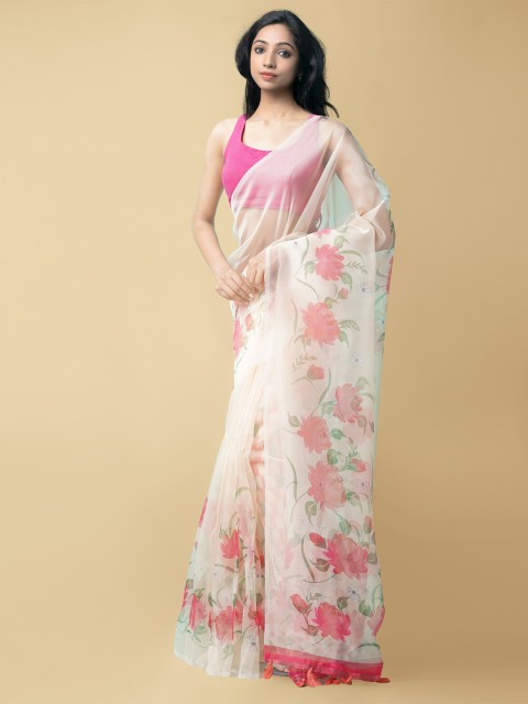 

Unnati Silks Cream-Coloured & Pink Floral Organza Block Print Saree