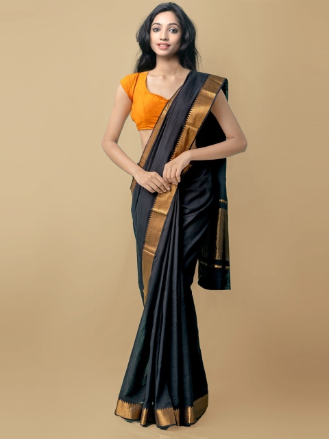 

Unnati Silks Black & Gold-Toned Zari Mangalagiri Pure Cotton Saree