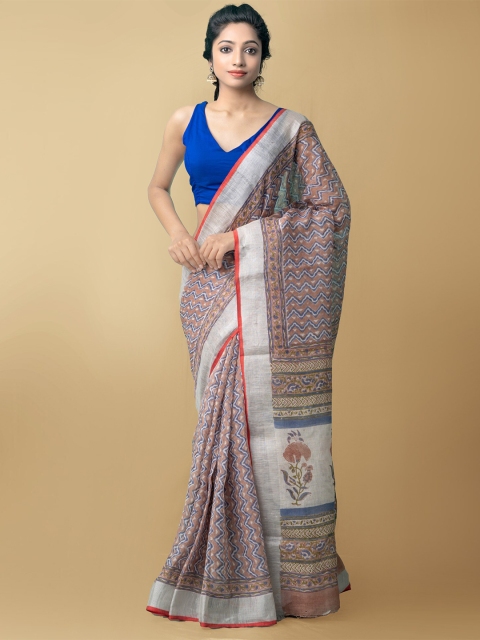 

Unnati Silks Brown & Blue Zari Pure Linen Jamdani Saree