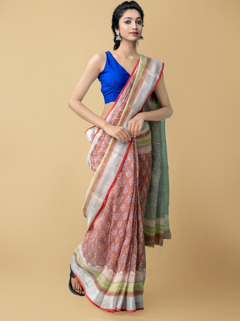 

Unnati Silks Brown & Blue Woven Design Pure Linen Jamdani Saree