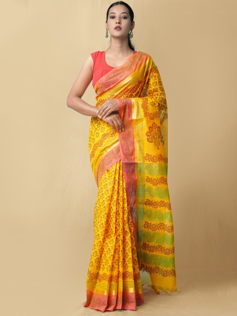 

Unnati Silks Women Orange & Red Printed Mangalagiri Pure Cotton Saree