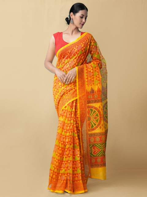 

Unnati Silks Red & Yellow Ethnic Motifs Supernet Block Print Saree