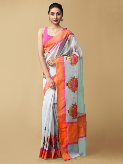 

Unnati Silks Grey & Orange Ethnic Motifs Organza Murshidabad silk Saree