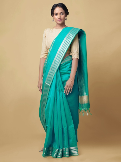 

Unnati Silks Green & Silver-Toned Zari Silk Cotton Baluchari Saree