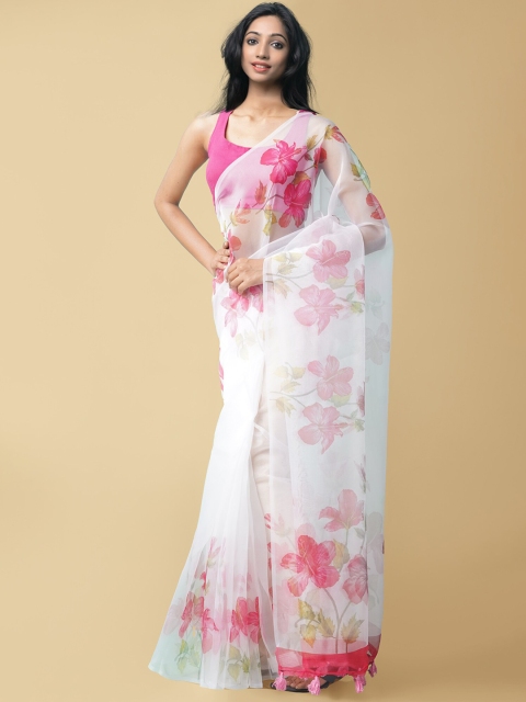 

Unnati Silks White & Pink Floral Block Print Organza Saree
