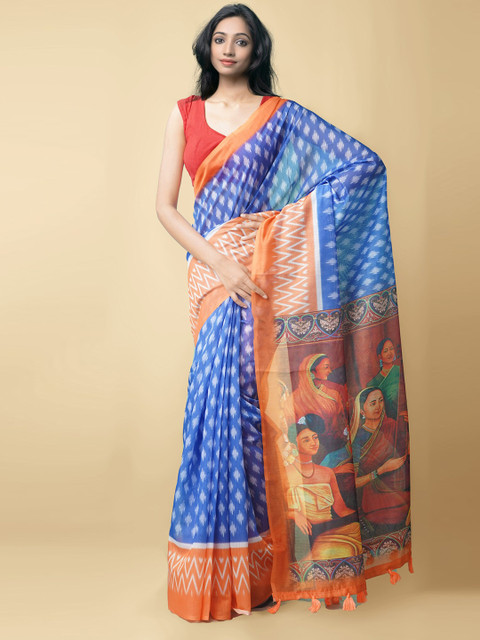 

Unnati Silks Blue & Orange Ethnic Motifs Silk Cotton Chanderi Saree