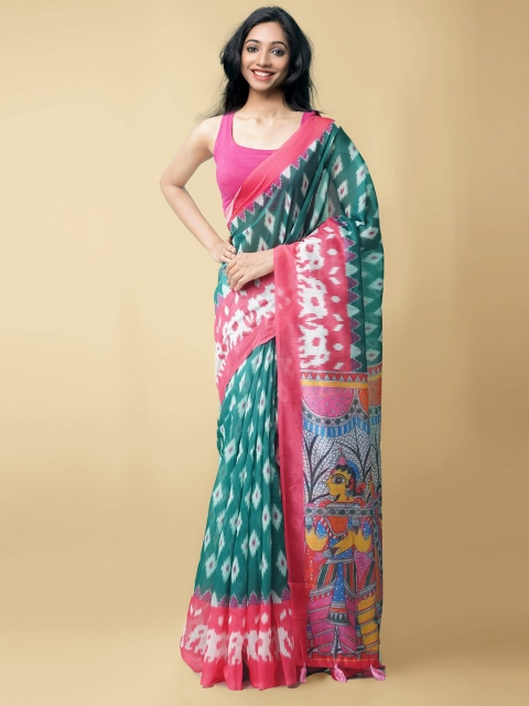 

Unnati Silks Green & Red Woven Design Silk Cotton Chanderi Saree