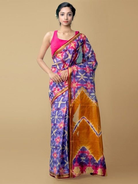 

Unnati Silks Blue & Pink Printed Shibori Pure Cotton Saree
