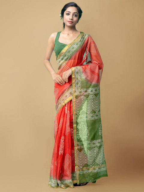 

Unnati Silks Red & Green Ethnic Motifs Zari Pure Cotton Kota Saree