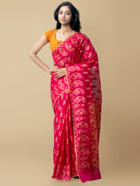 

Unnati Silks Pink & Yellow Paisley Pure Cotton Bengal Taant Saree