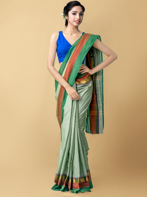 

Unnati Silks Green & Gold-Toned Striped Pure Cotton Kanjeevaram Saree