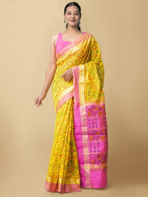 

Unnati Silks Yellow & Pink Floral Zari Mangalagiri Silk Cotton Saree