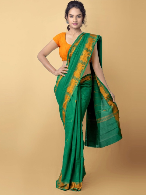 

Unnati Silks Women Green Woven Design Cotton Saree