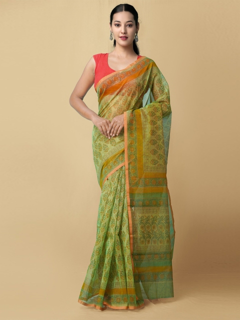 

Unnati Silks Green & Mustard Yellow Ethnic Motifs Supernet Block Print Saree