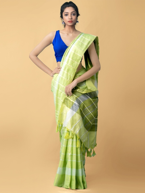 

Unnati Silks Green & White Striped Zari Pure Linen Jamdani Saree