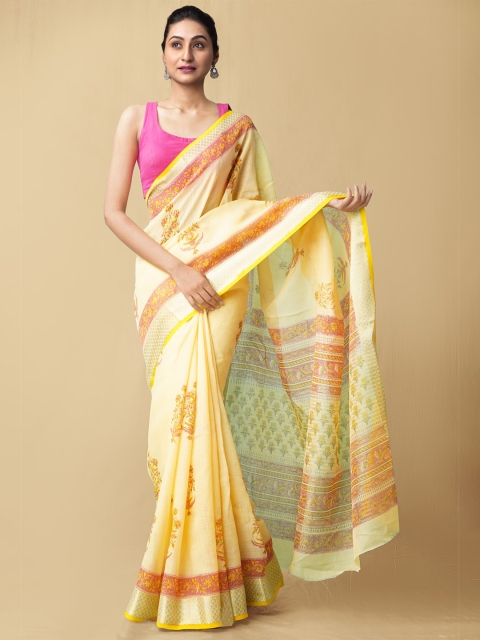 

Unnati Silks Yellow & Cream-Coloured Ethnic Motifs Zari Pure Linen Jamdani Saree
