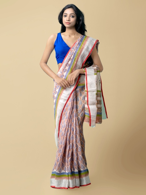 

Unnati Silks Brown & Blue Ethnic Motifs Shantanu Zari Pure Linen Block Print Saree