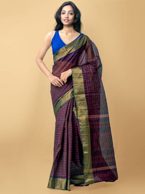 

Unnati Silks Purple & Green Striped Zari Silk Cotton Mangalagiri Saree