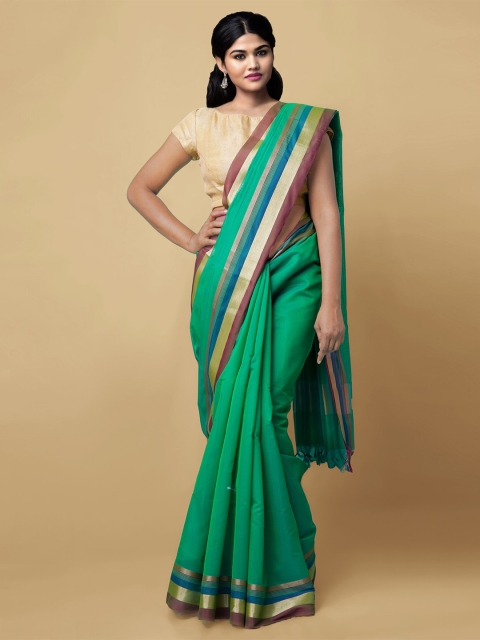 

Unnati Silks Green & Blue Zari Baluchari Bangalore Silk Cotton Saree