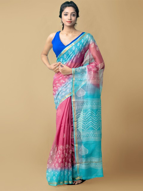 

Unnati Silks Pink & Blue Ethnic Motifs Zari Pure Cotton Kota Saree