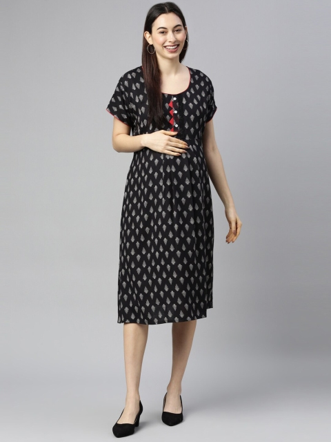 

GOLDSTROMS Black Ethnic Motifs Maternity A-Line Midi Dress