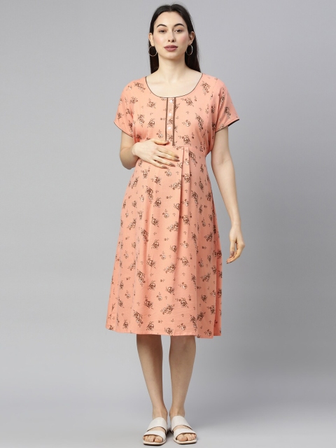 

GOLDSTROMS Peach-Coloured Floral Tie-Up Neck Maternity A-Line Dress