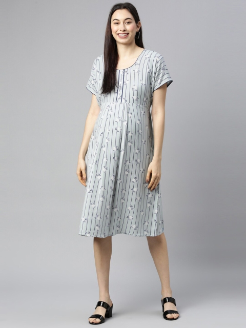 

GOLDSTROMS Grey & Blue Floral Printed Maternity Cotton A-Line Dress