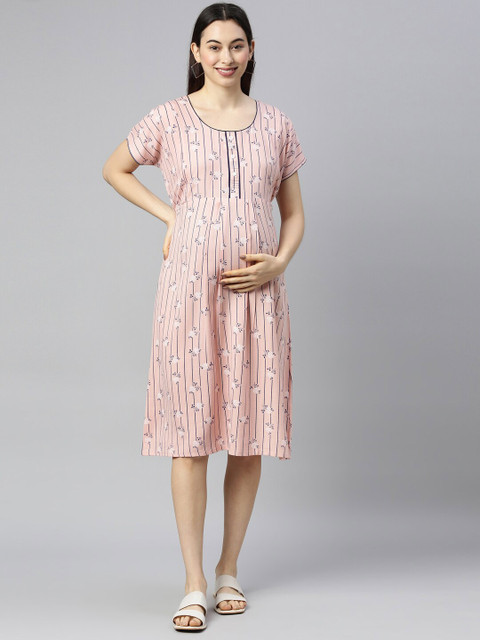 

GOLDSTROMS Women Pink Striped Maternity Cotton A-Line Dress
