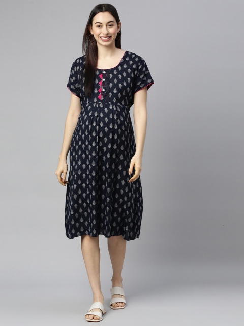

GOLDSTROMS Navy Blue & White Ethnic Motifs Maternity A-Line Dress