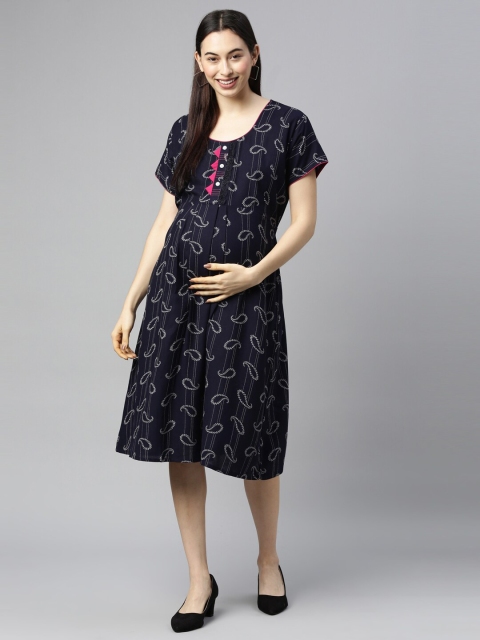 

GOLDSTROMS Navy Blue Cotton Floral Maternity A-Line Midi Dress