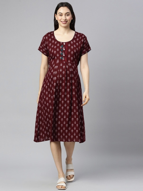 

GOLDSTROMS Maroon Ethnic Motifs Maternity Cotton A-Line Midi Dress