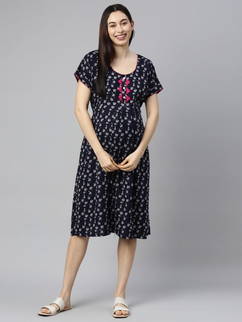 

GOLDSTROMS Navy Blue Cotton Printed Maternity A-Line Dress