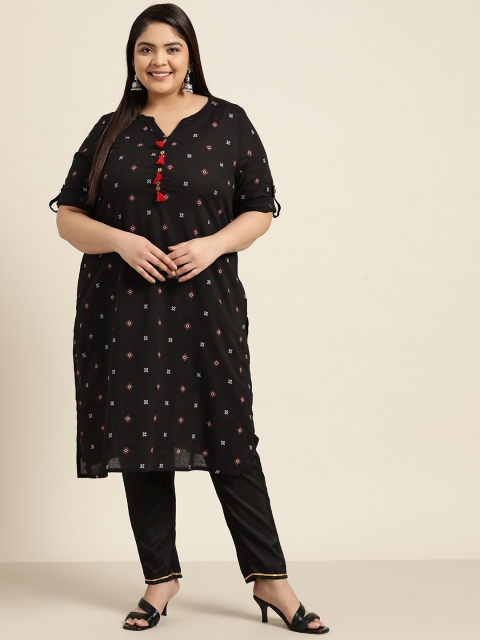 

Sztori Women Plus Size Black & Off White Printed Pure Cotton Kurta