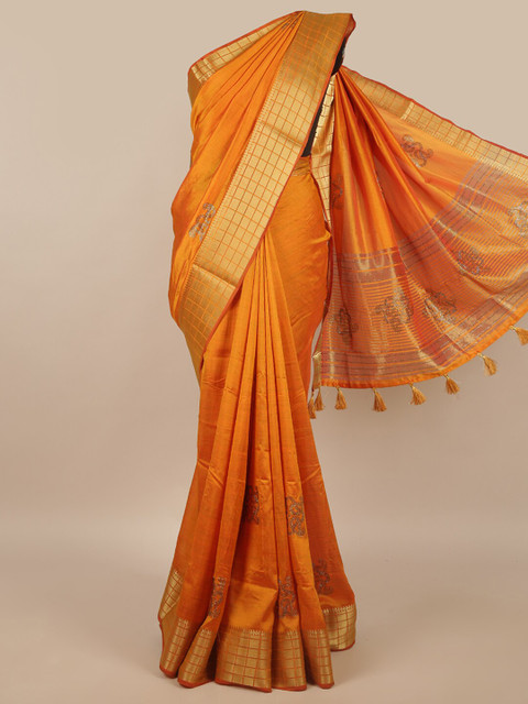 

Pothys Mustard & Gold-Toned Woven Design Saree
