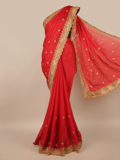 

Pothys Red & Gold-Toned Ethnic Motifs Beads and Stones Saree