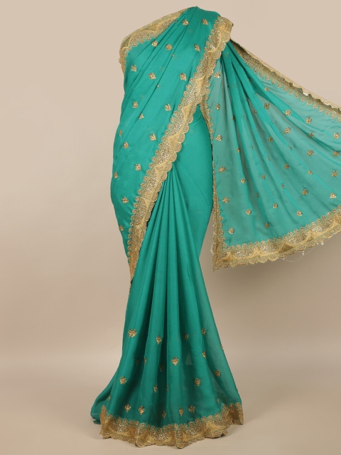 

Pothys Green & Gold-Toned Ethnic Motifs Beads and Stones Saree