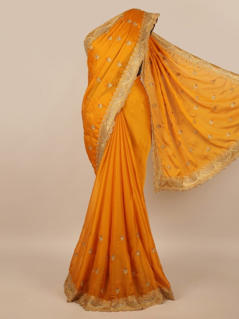 

Pothys Mustard & Gold-Toned Ethnic Motifs Beads and Stones Saree