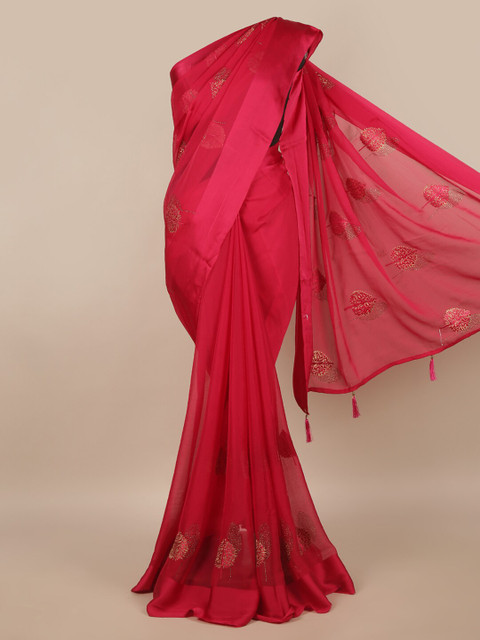 

Pothys Pink & Gold-Toned Embellished Beads and Stones Saree