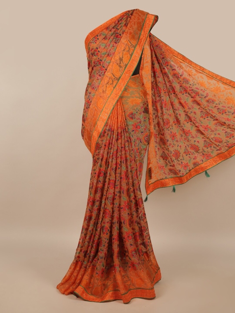 

Pothys Orange & Green Floral Beads and Stones Saree