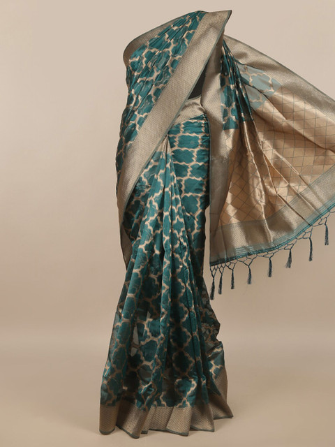 

Pothys Teal & Gold-Toned Ethnic Motifs Zari Saree