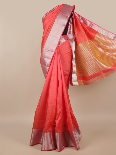 

Pothys Pink & Silver-Toned Woven Design Jute Silk Saree