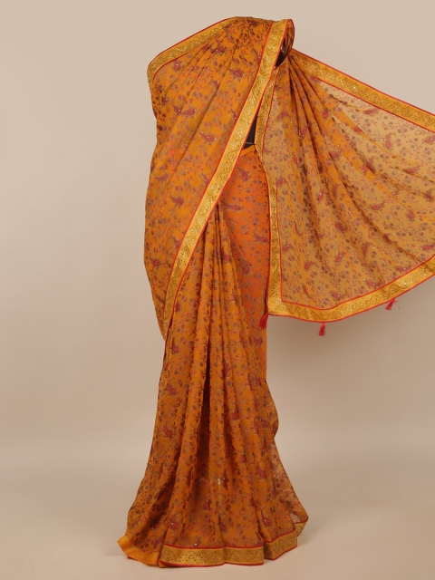 

Pothys Mustard & Gold-Toned Ethnic Motifs Beads and Stones Saree
