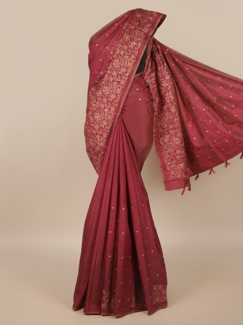 

Pothys Maroon & Gold-Toned Ethnic Motifs Jute Silk Saree