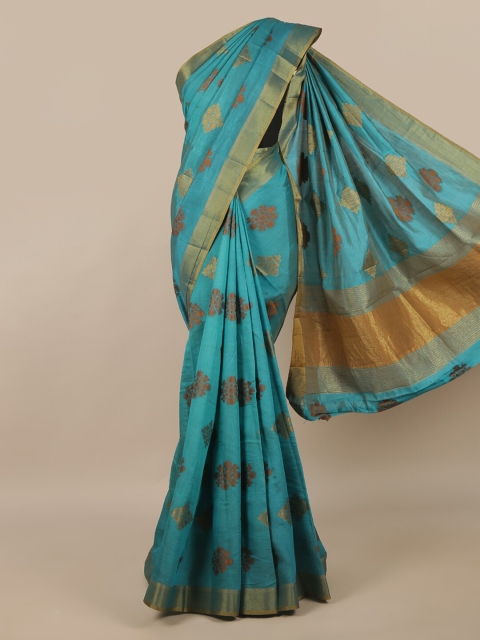 

Pothys Blue & Gold-Toned Ethnic Motifs Zari Jute Silk Saree