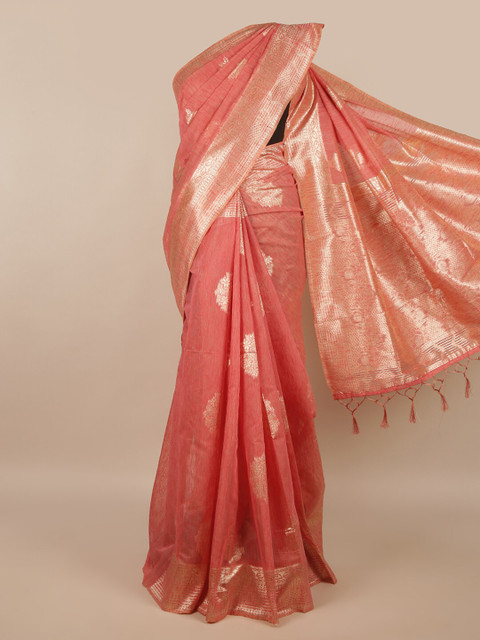 

Pothys Pink & Gold-Toned Floral Zari Saree