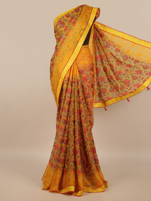 

Pothys Mustard & Green Floral Beads and Stones Saree