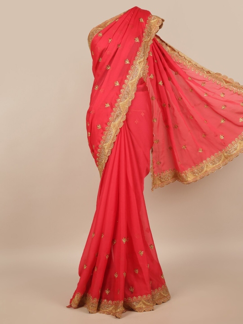 

Pothys Magenta & Gold-Toned Embellished Beads and Stones Saree