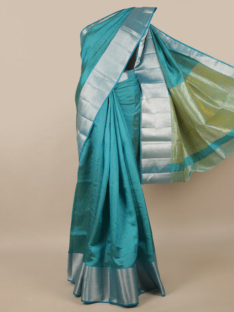 

Pothys Blue & Silver-Toned Zari Jute Silk Saree